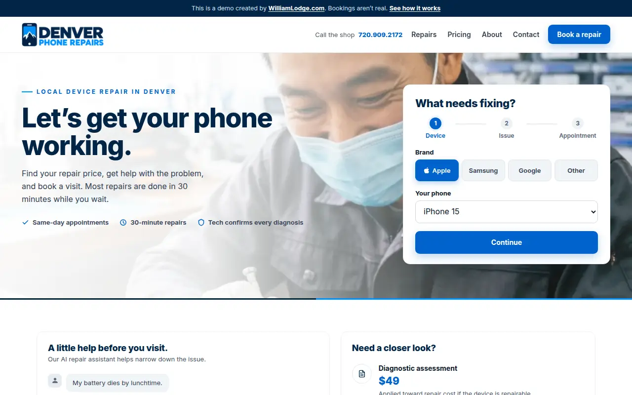 The Denver Phone Repairs demo on a desktop screen, with the technician photo behind the headline and the booking form on the right