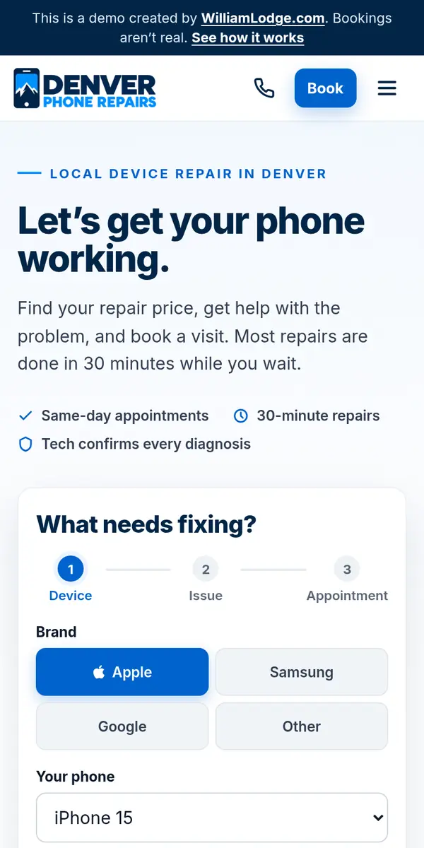 The Denver Phone Repairs demo on a phone, showing the logo, headline and the repair booking form