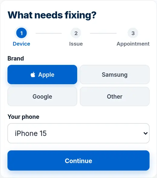 Step one: brand buttons for Apple, Samsung, Google and Other, and a phone model list