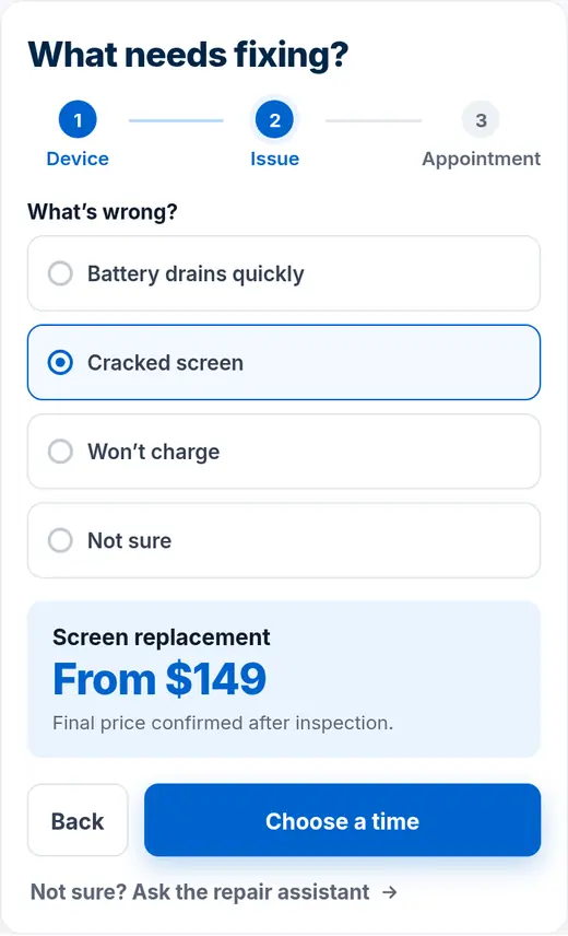 Step two: issue choices with Cracked screen selected and an estimate of from $149