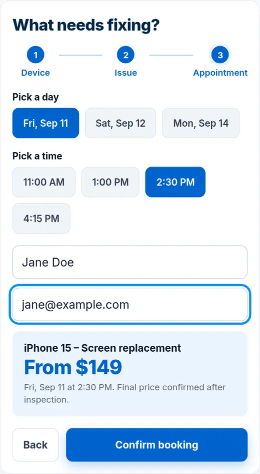 Step three: day and time choices, name and email fields, and a booking summary