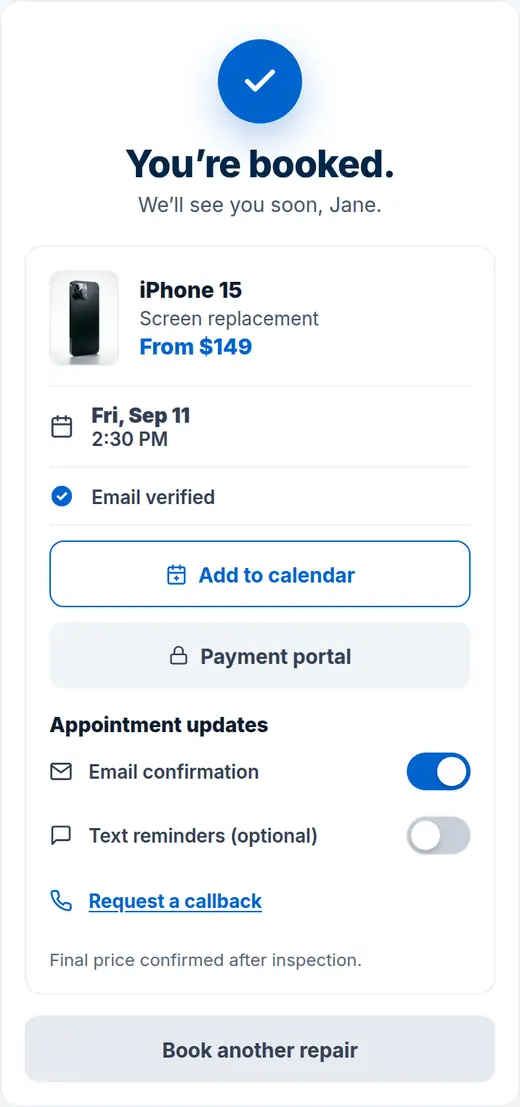 Confirmation screen reading You're booked, with repair details, an add to calendar button and reminder switches