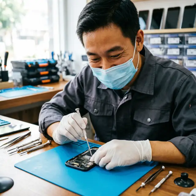 Technician repairing a smartphone at a repair bench